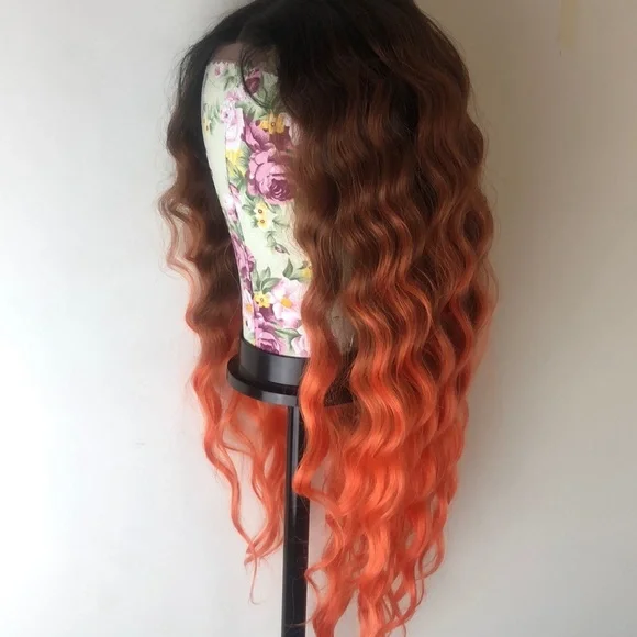 30” ORANGE BROWN OMBRÉ CELEB WAVY LACE-FRONT WIG